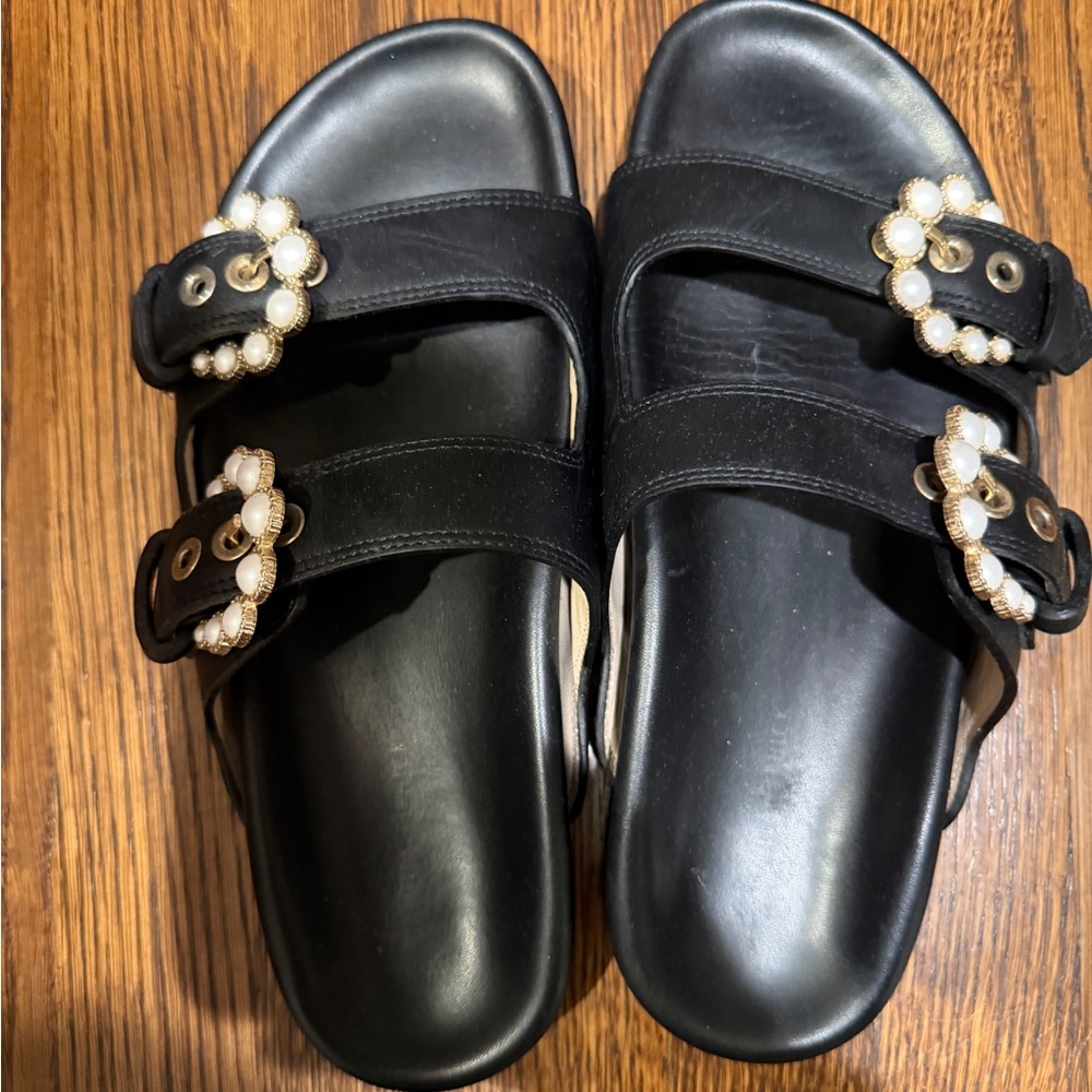 Camilla Elphick Black Slide Sandals with Pearl Accents